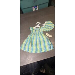 Guess brand infant smock dress and bloomer set with green, blue & white stripes